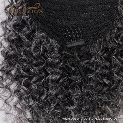 Ombre Black to gray Wholesale Afro Natural Clip In Drawstring Extensions Wrap Around Draw String High Curly Custom Ponytail Wig